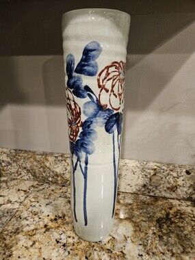 Chinese large hand painted Cylander Vase 20" Tall Red And Blue Spider Mum